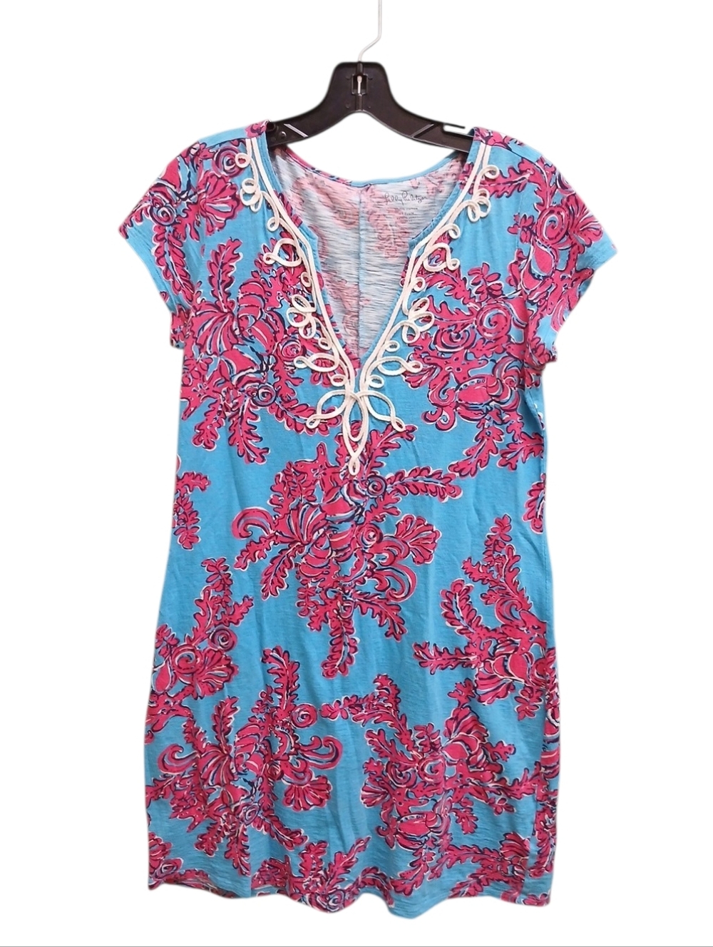 Lilly Pulitzer Turquoise Dress with Pink Floral Pattern 100% Cotton Size Medium